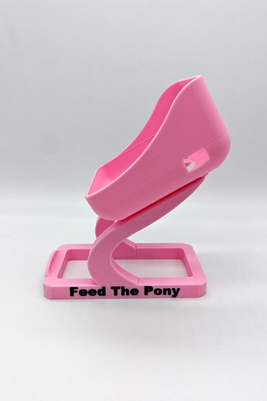 Pink SumUp stand with 'Feed The Pony' text in black
